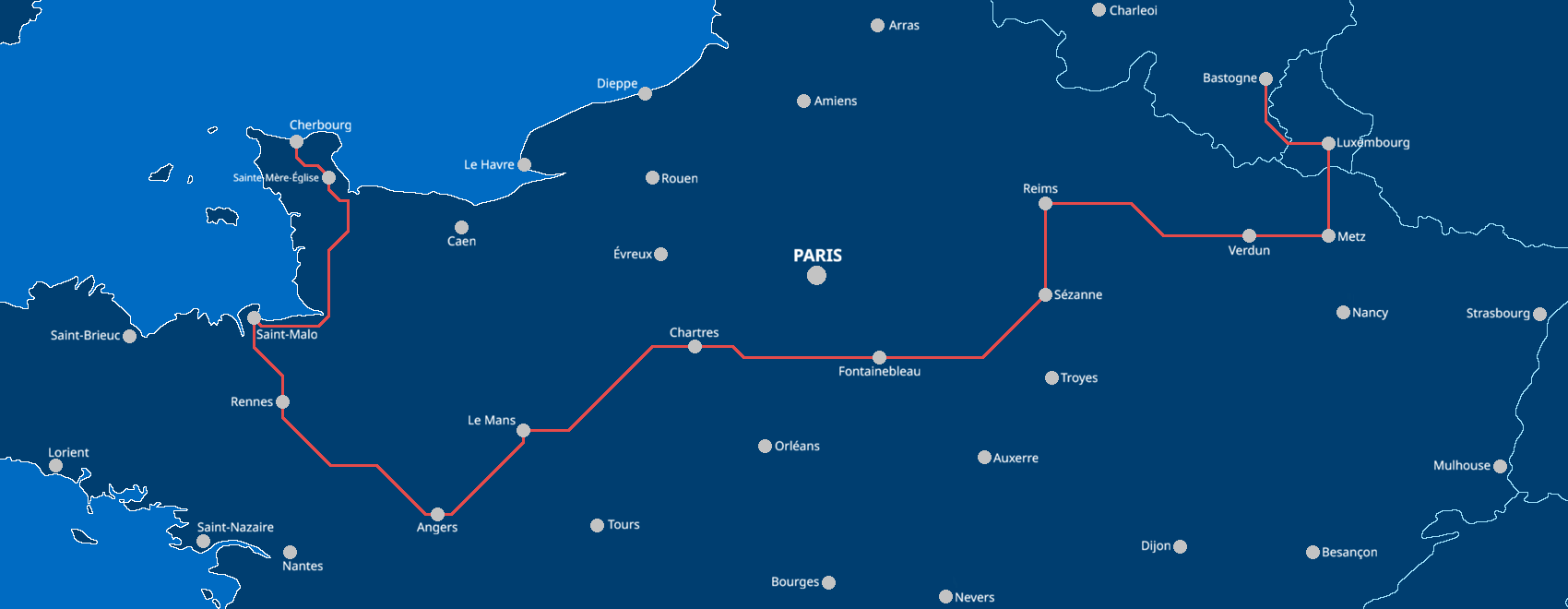 Map showing the route of Voie de la Liberté across northern France, Luxembourg and Belgium